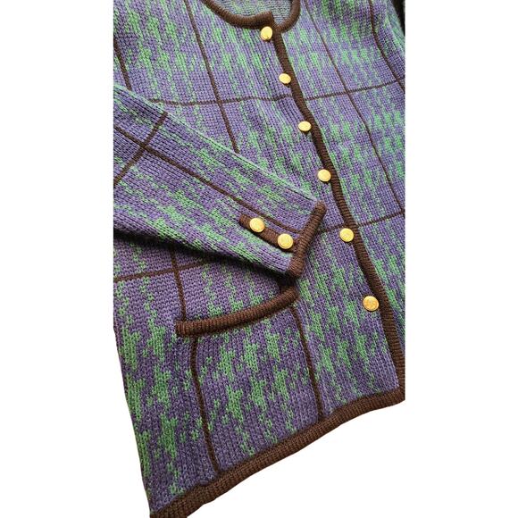Vintage Tally Ho Blue Green Plaid Cardigan Knit Sweater Women Medium Like NEW - Picture 2 of 8